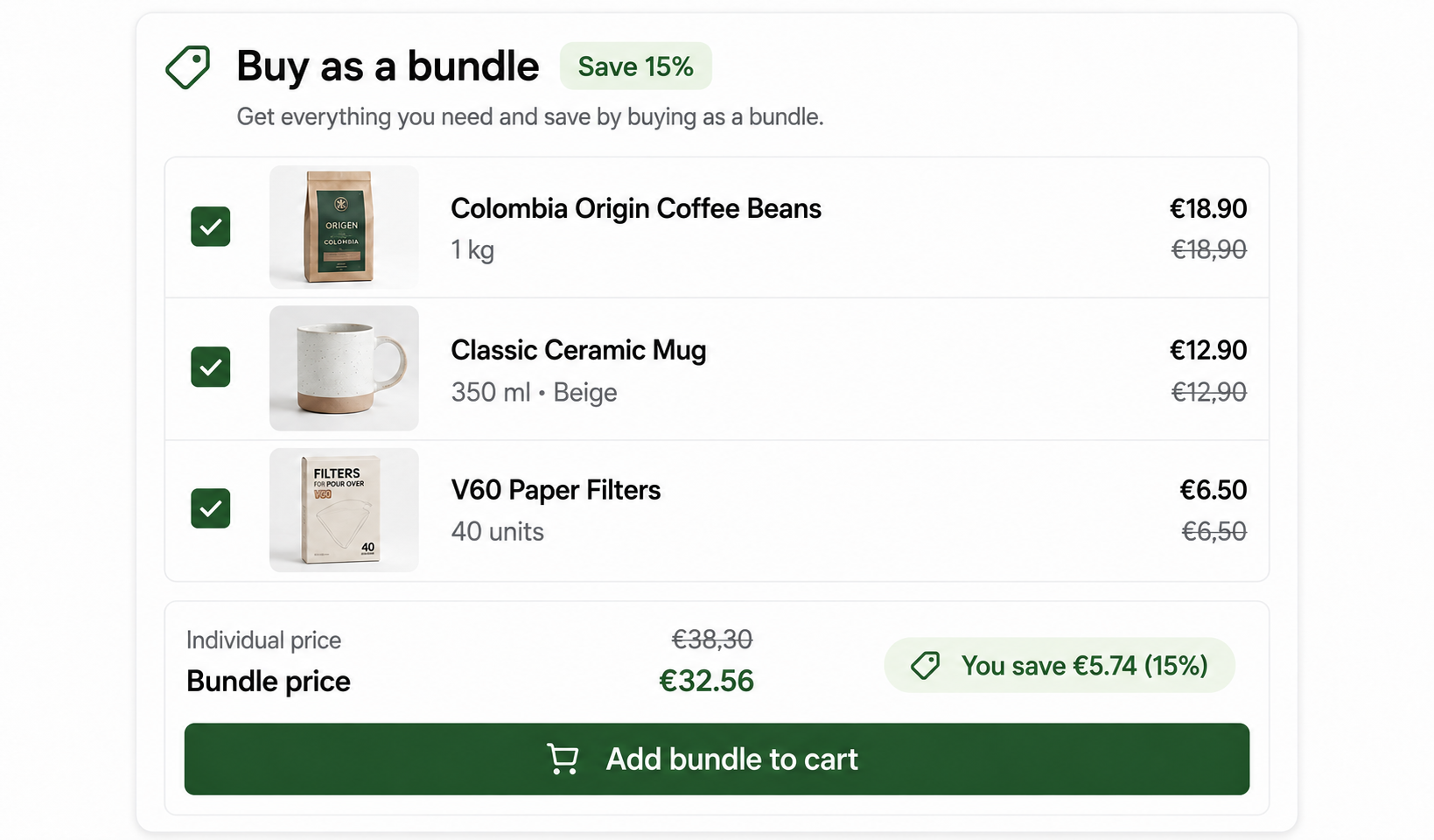 Example of a dynamic bundle on a Shopify store