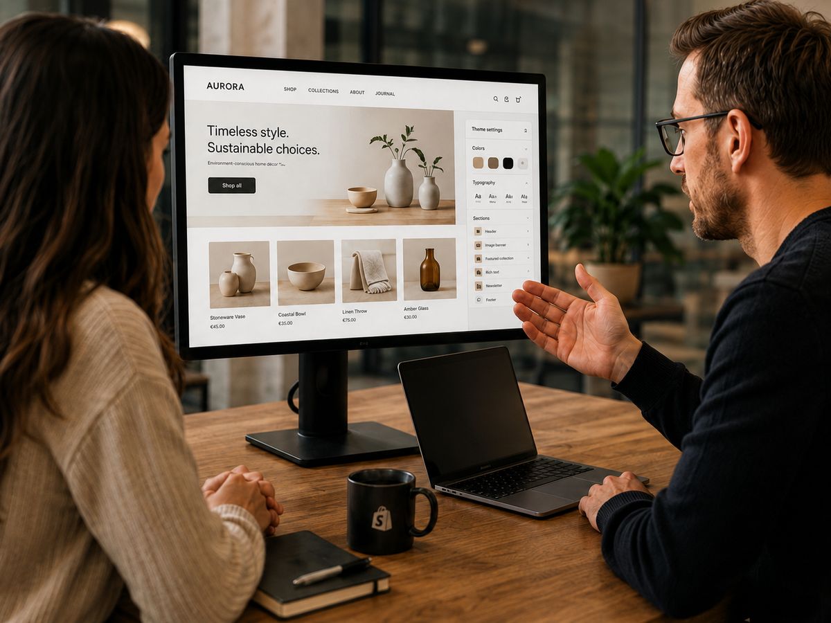 Two people reviewing a new Shopify store design in the theme editor
