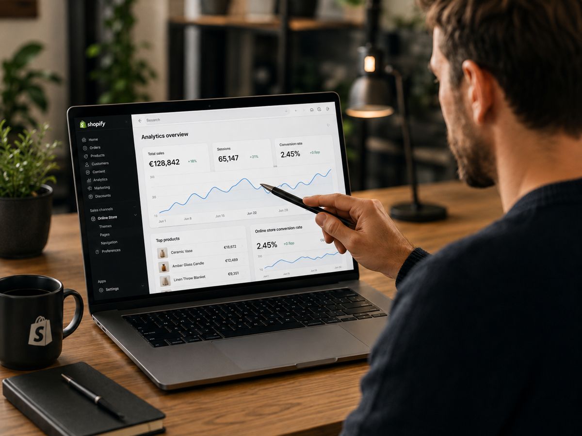 Specialist reviewing Shopify analytics during an optimization sprint