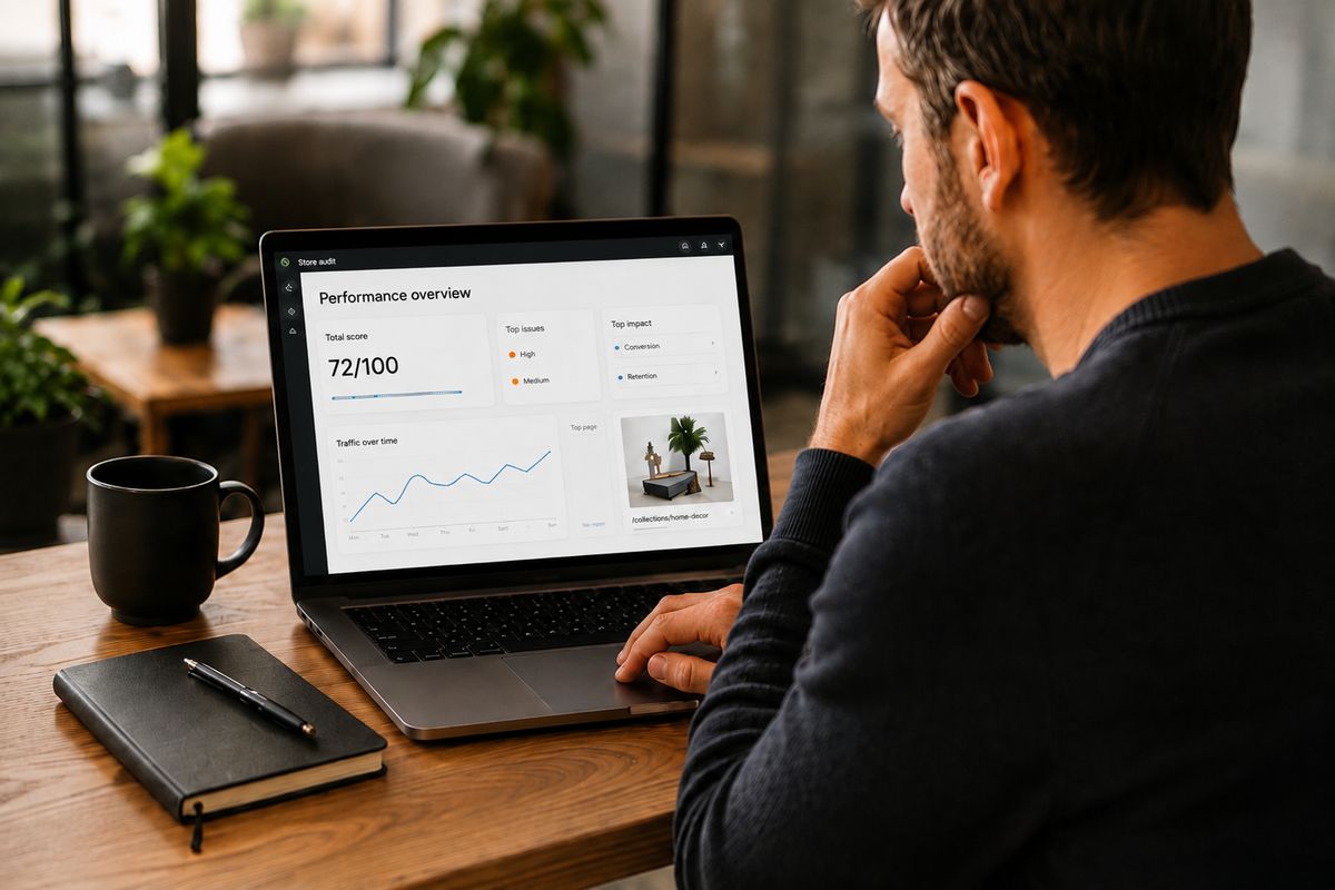 Store owner reviewing a Shopify store audit performance report on a laptop